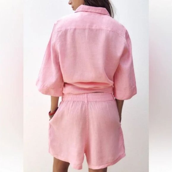 ZARA 2 PIECES LINEN SHIRT WITH POCKET & CARGO SHORTS - Picture 9 of 9